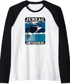 Juneau Family Vacation 2021 Whale Orca Mountains Ocean Raglan Baseball Tee