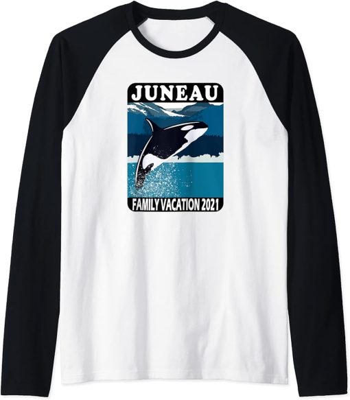 Juneau Family Vacation 2021 Whale Orca Mountains Ocean Raglan Baseball Tee