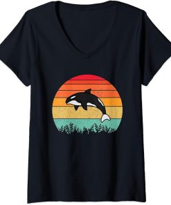 Womens Retro Sunset Vintage Cute Orca Whale Lover Gift for Adults V-Neck T-Shirt