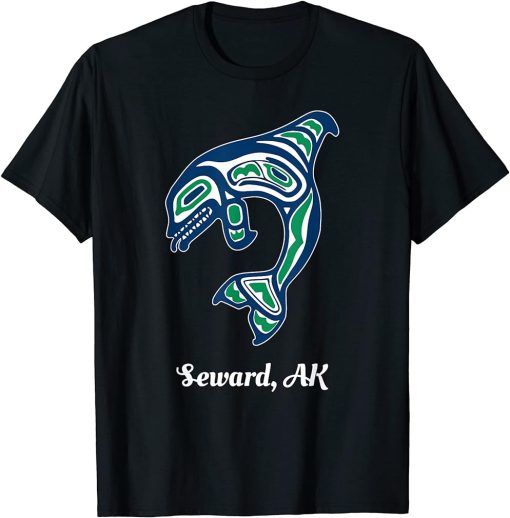 Blue Green Native American Seward AK Orca Killer Whale T-Shirt