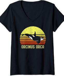 Womens Orca Killer Whale Dolphin Marine Science Biologist Retro Sun V-Neck T-Shirt