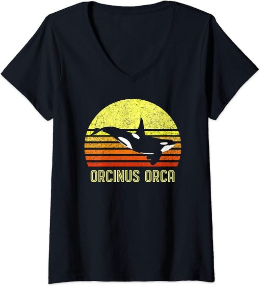 Womens Orca Killer Whale Dolphin Marine Science Biologist Retro Sun V-Neck T-Shirt