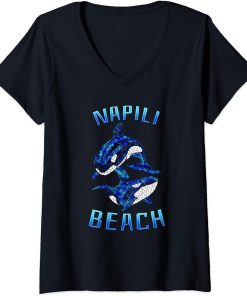 Womens Napili Beach Hawaii Vacation Tribal Whale Orca V-Neck T-Shirt