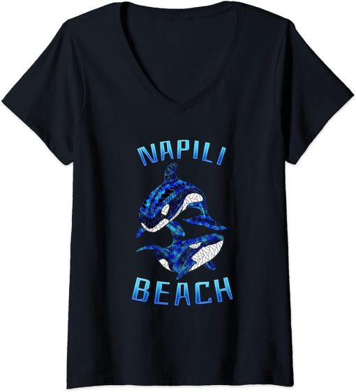 Womens Napili Beach Hawaii Vacation Tribal Whale Orca V-Neck T-Shirt