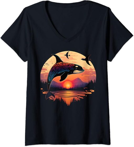 Womens Colourful mystical orca whale watching dolphin pottwhale orca whale V-Neck T-Shirt